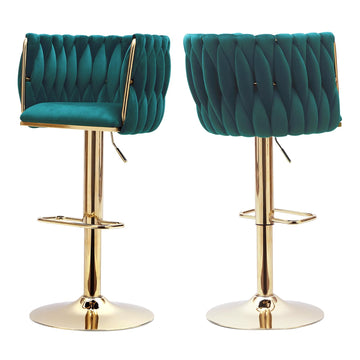 Velvet Bar Stools Set of 2, Adjustable Swivel Counter Height Barstools with Woven Back & Gold Legs, Velvet Bar Chairs