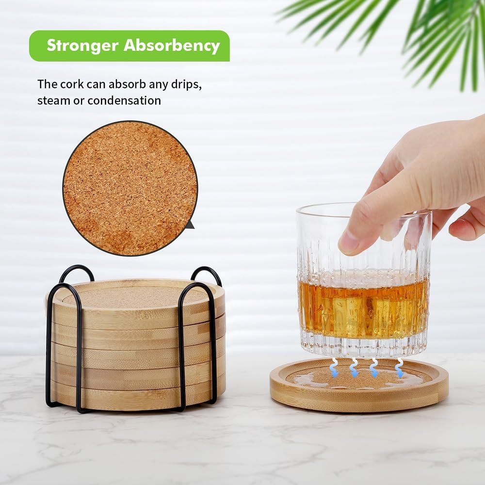 Bamboo Cork Coasters for Drinks Absorbent with Holder, Bamboo Coasters for Drinks Coaster Sets Rustic - Set of 6