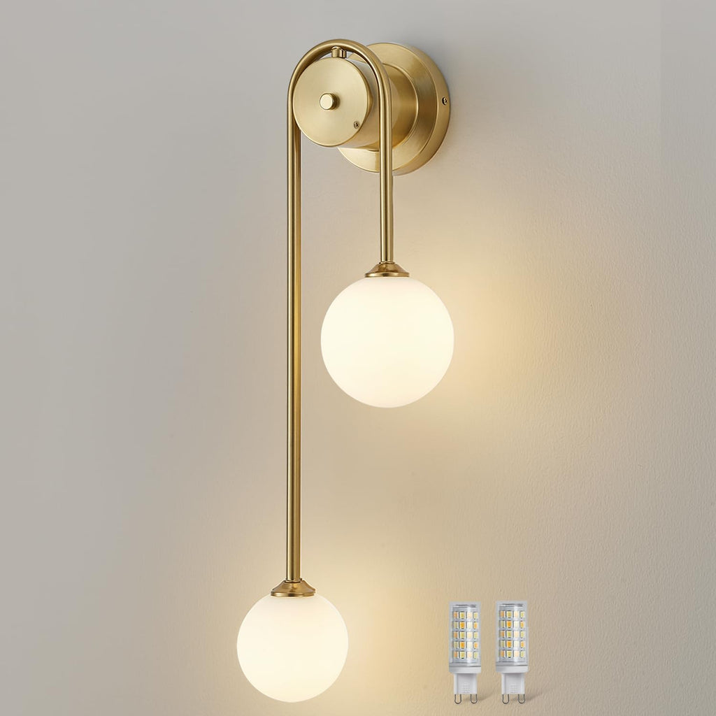 Golden Wall lamp Double Ball, mid-Century Modern Glass Wall sconces,with G9 Tricolor Bulb for Living Room Bedroom