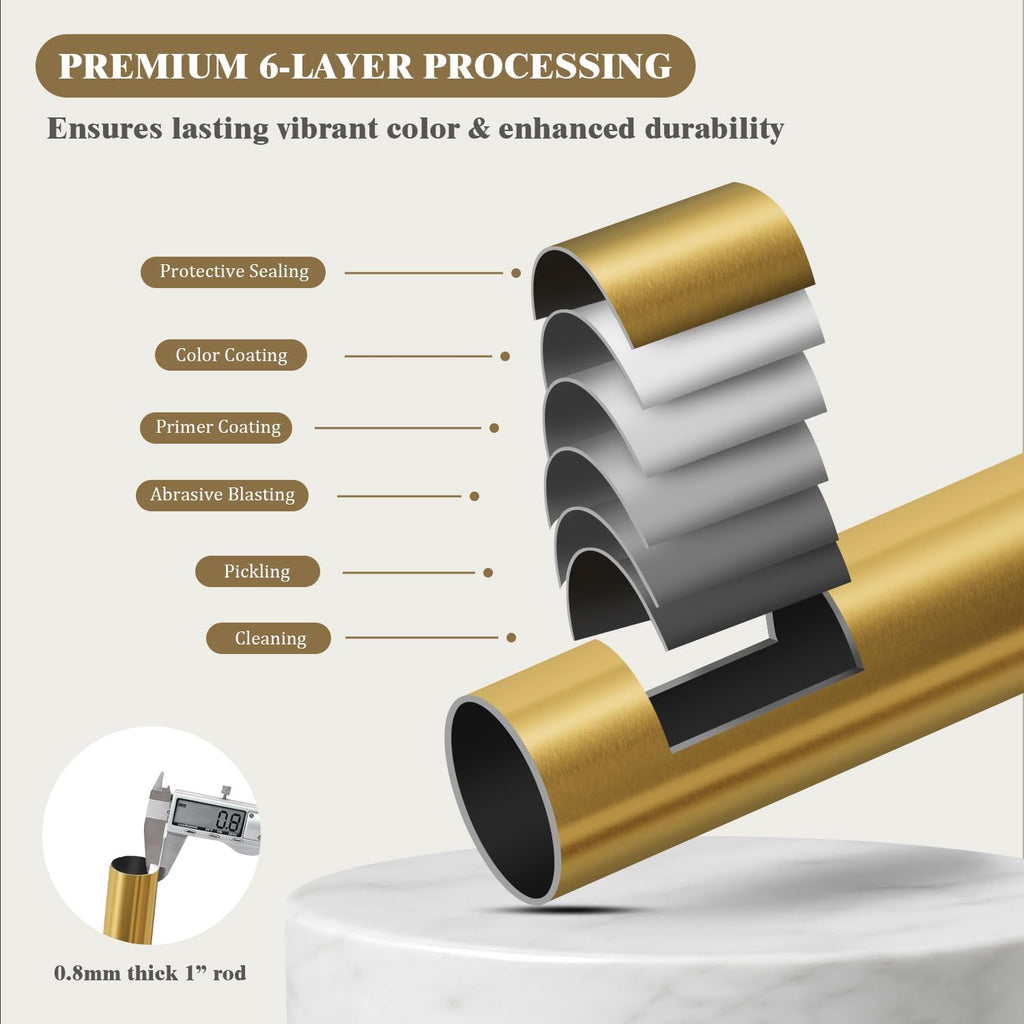 Heavy Duty Curtain Rods for Windows 72 to 144 Inch, 1 Inch Brass Gold Curtain Rod, Adjustable Length Rod with Metal