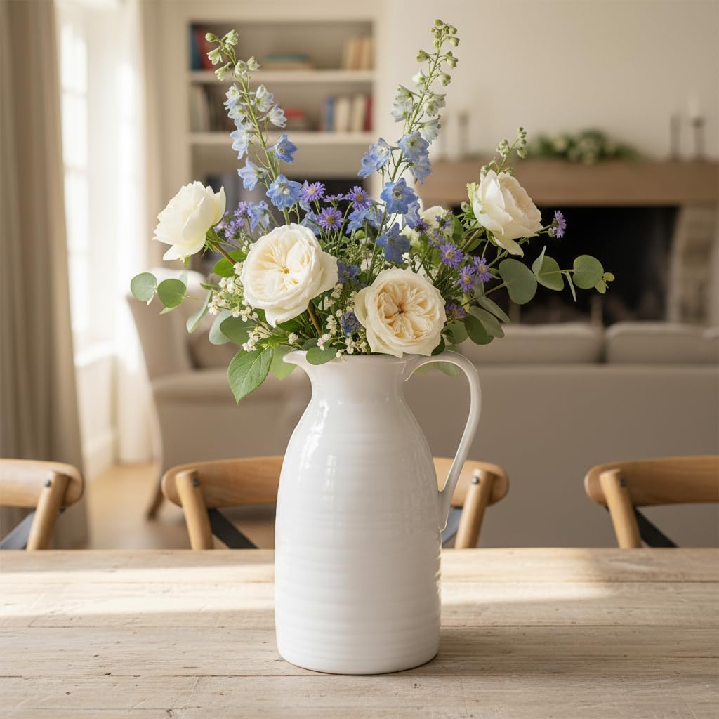 Farmhouse Pitcher Vase for Flowers- Ceramic Pitcher White Flower Vase for Your Kitchen/Home