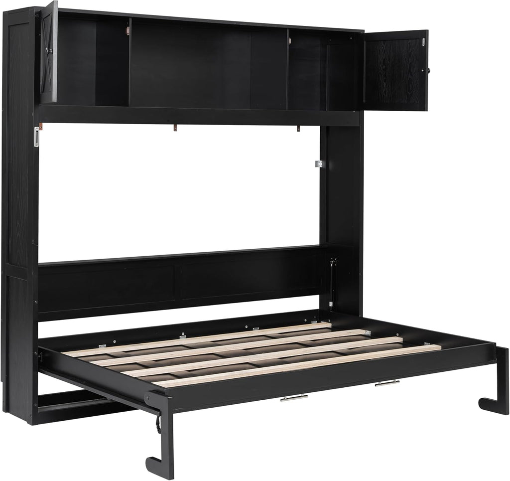 Full Horizontal Murphy Bed with Storage, Farmhouse Wooden Wall Bed with Cabinets and Bookcase, Space-Saving Foldable