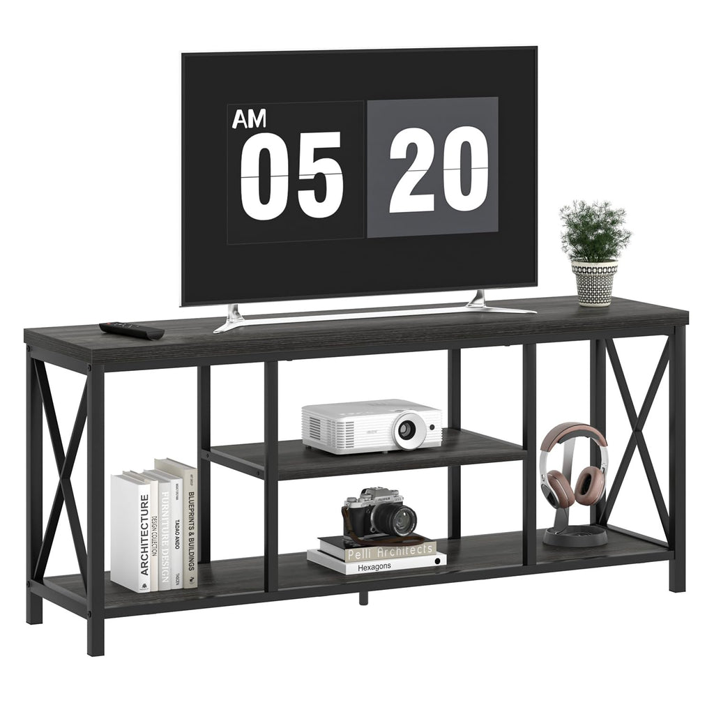 Modern TV Stand for TV up to 65 Inch, Rustic Wood Entertainment Center with Storage Shelves, Industrial Media TV