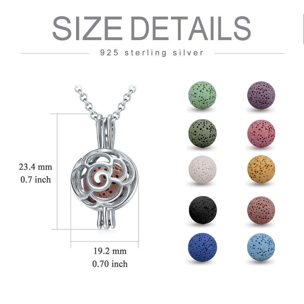 Sterling Silver Rose Aromatherapy Necklace Round Essential Oil Diffuser Locket Pendant with 10 Colors Volcanic Stone