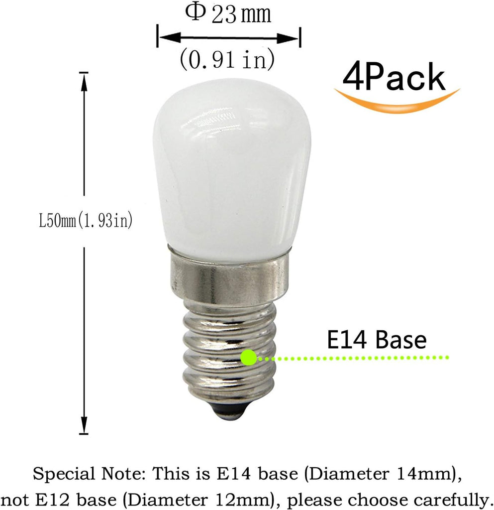 2W LED Refrigerator Bulb (4 Pack)-European E14 Base 15W Equivalent Daylight White 6000K 120V Lamp for Freezer