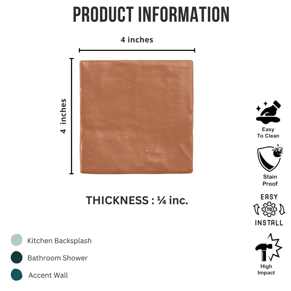 4x4 Inch HTCFD Premium Quality Terracotta Matte Zellige Ceramic Tile with Subtle Shimmer | Handmade Look Moroccan