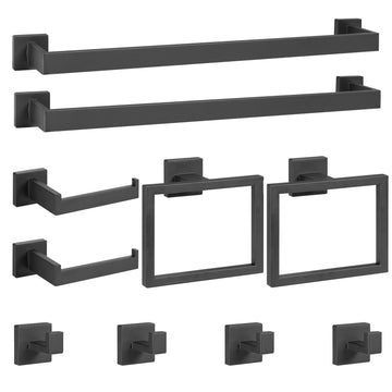 10-Pieces Matte Black Bathroom Hardware Set, 24 inch Towel Bar Set