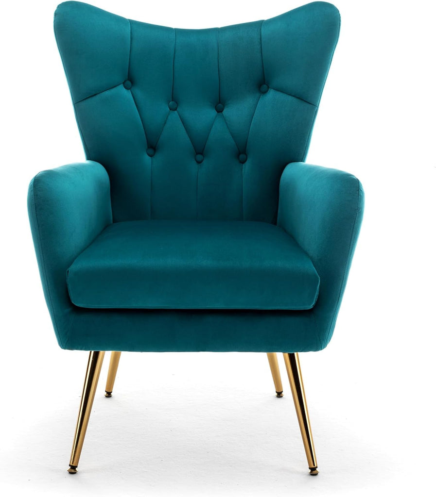 Modern Chic Mid-Century Velvet Accent Armchair, or Home Office, Button-Tufted Wingback Design with Gold Flared Legs