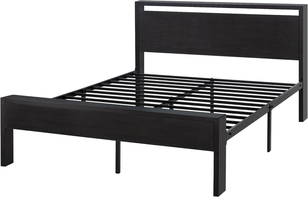 14 Inch Full Metal Platform Bed Frame with Wooden Headboard and Footboard, Mattress Foundation, No Box Spring Needed