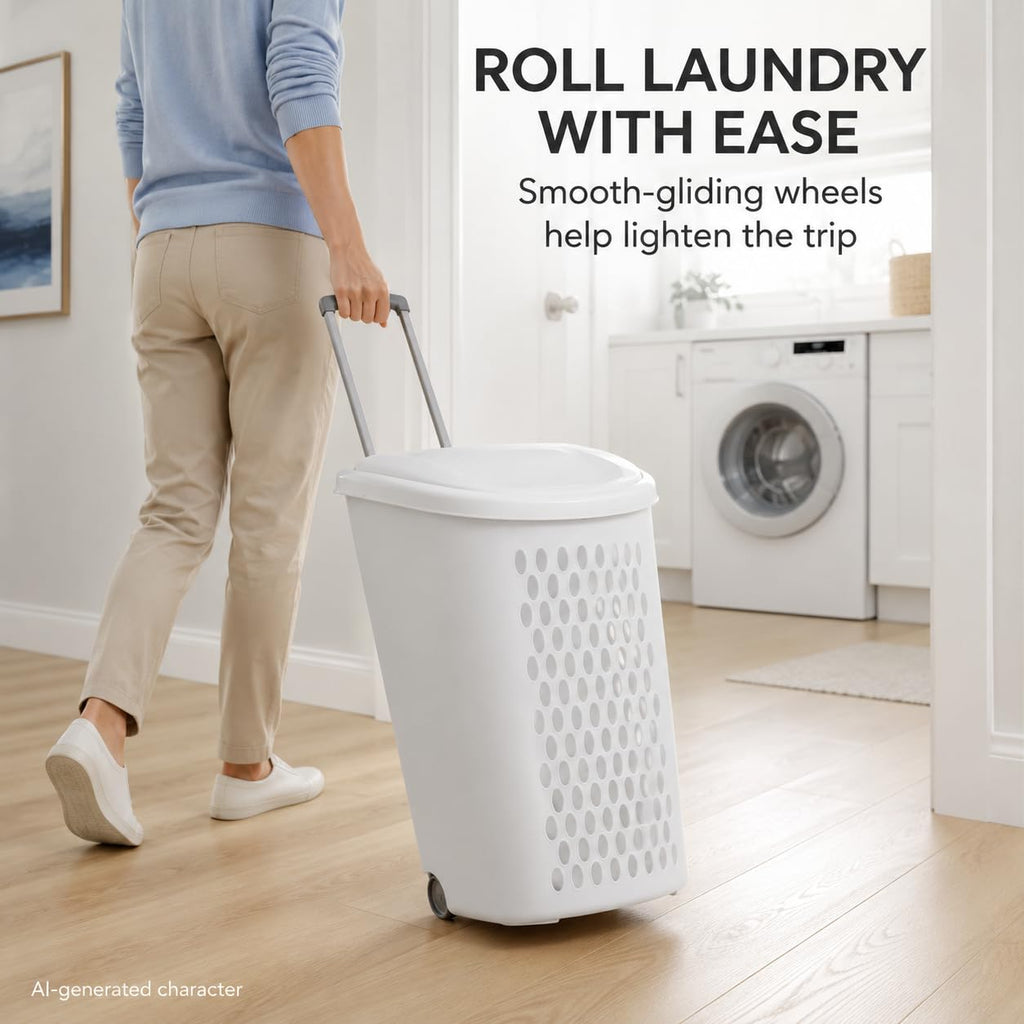 White Rolling Laundry Hamper with Wheels & Handle, 2 Bushel