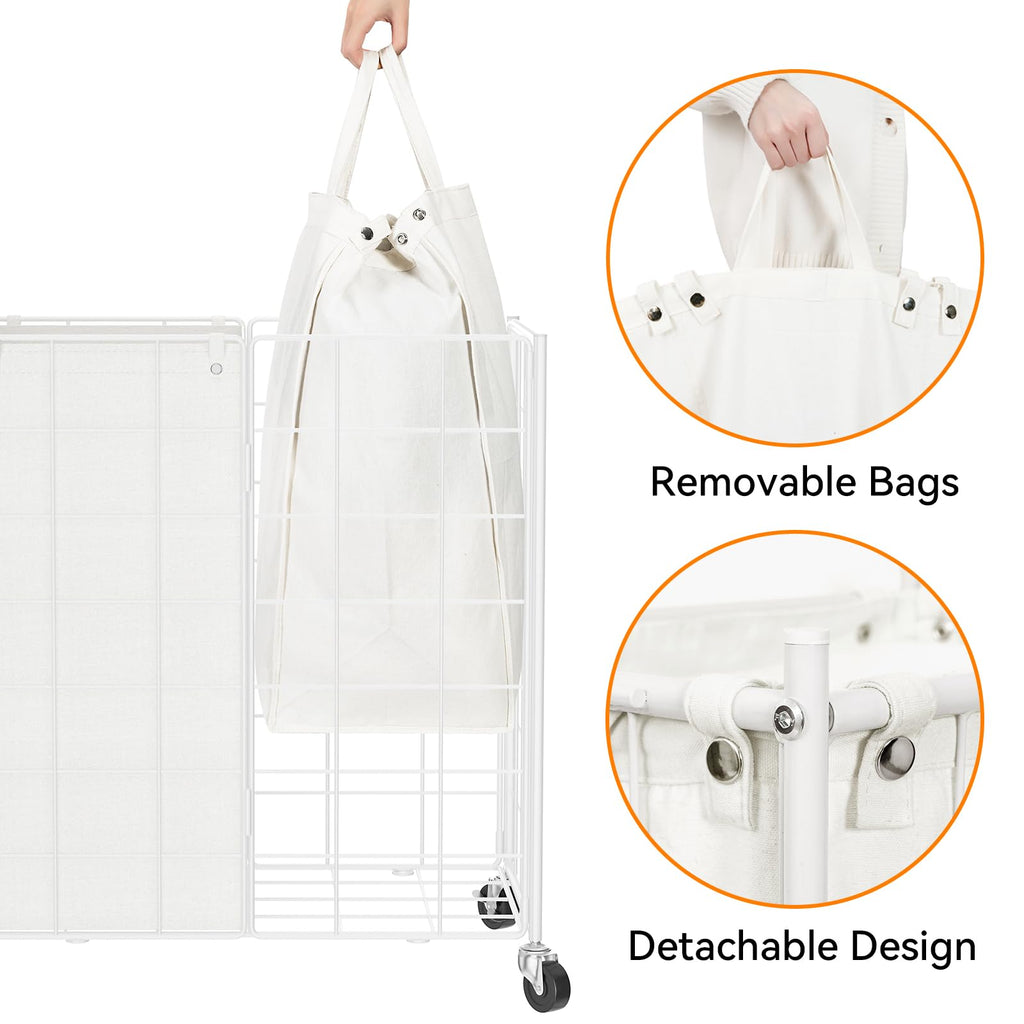 Double Laundry Hamper with Wheels, Metal Rolling Laundry Basket