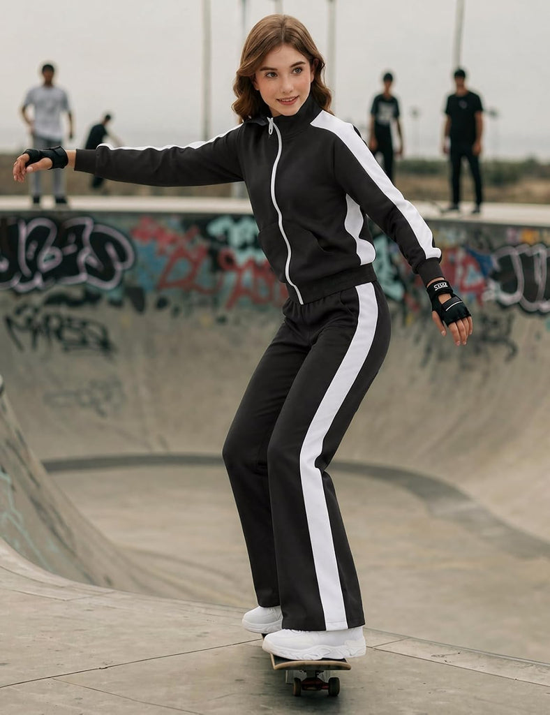 Girls 2 Piece Tracksuit Set Color Block Zip Jacket & Flare Leg Pants
