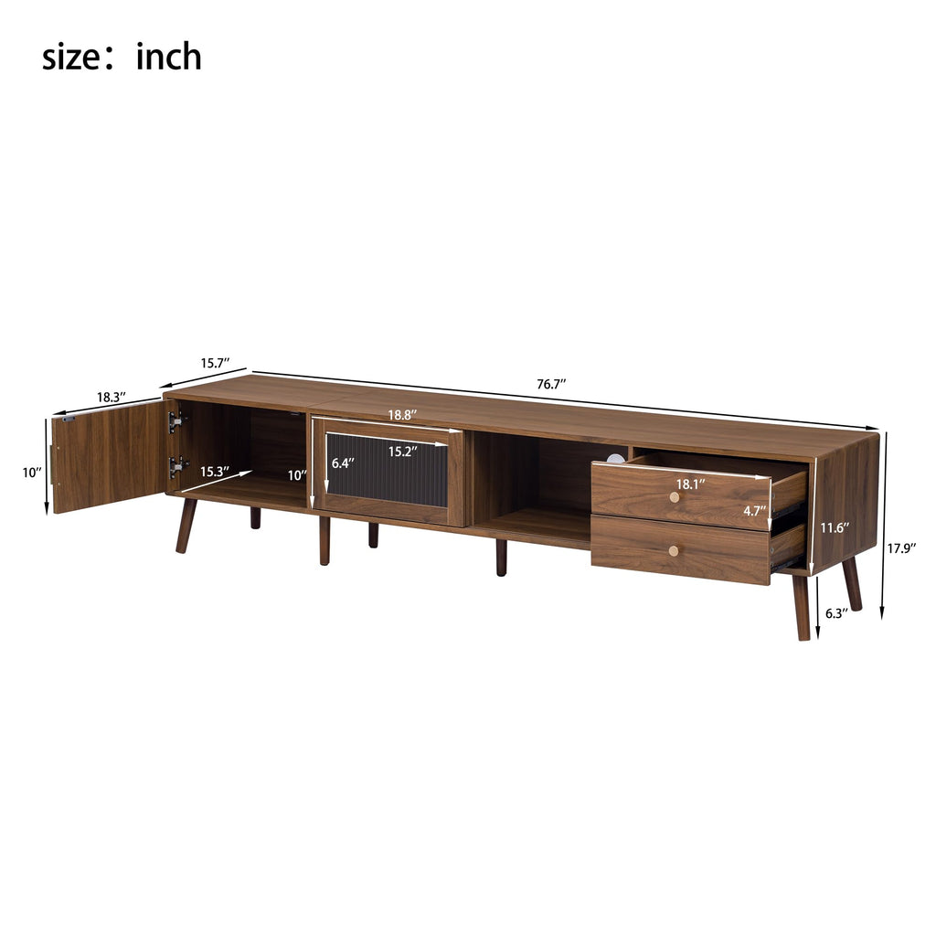 Mid-Century Modern TV Stand for 85 inches TV, 76" Media Console with Fluted Cabinet Door, Sliding Glass Doors, and 2