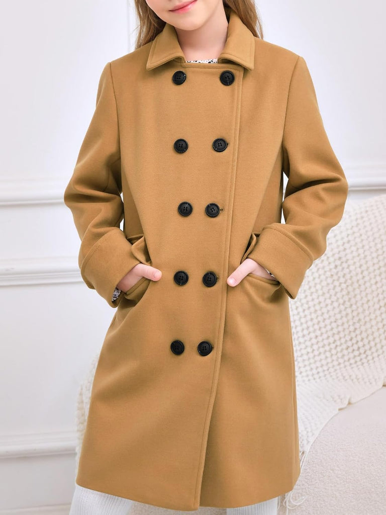 Girls Double Breasted Trench Coat Notch Lapel Long Peacoat