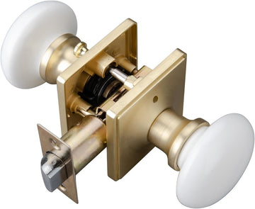 White Door Knobs, Porcelain Square Door Handle with Satin Brass Plate