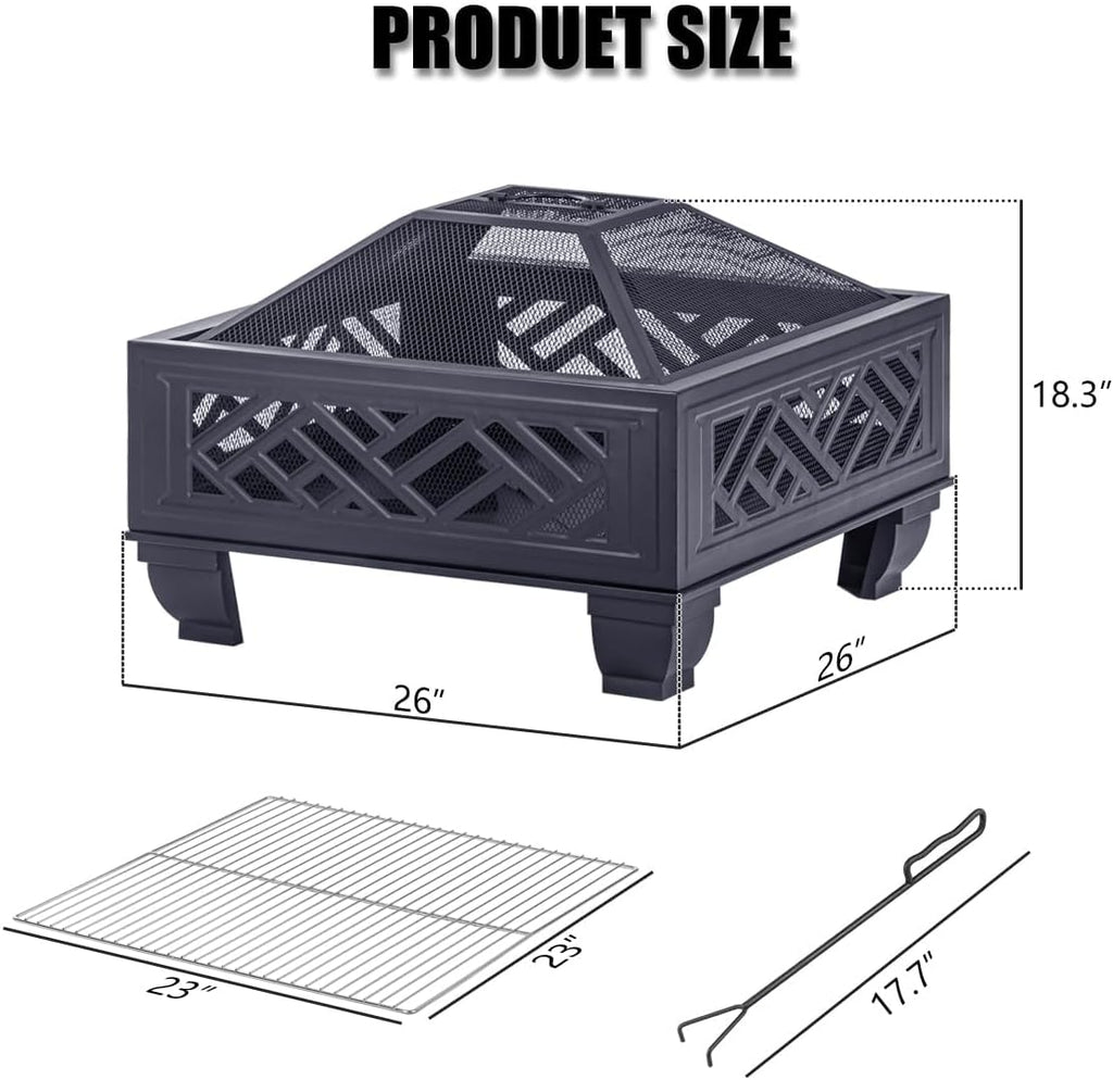 Update Version 26 Inch Wood Burning Fire Pit with Cooking Grill and Spark Screen, Outdoor Metal Firepit