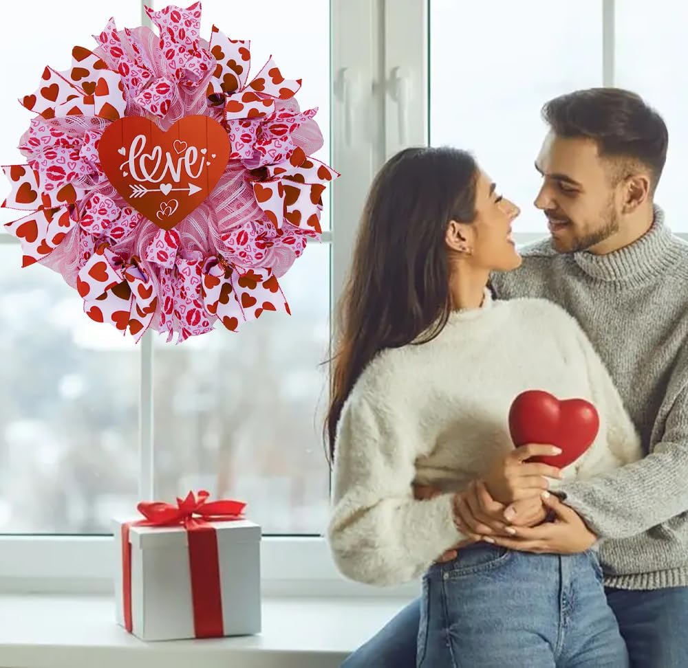 Valentine's Day Heart Wreath - 18in, Red & Pink Bow, Outdoor/Indoor Decor