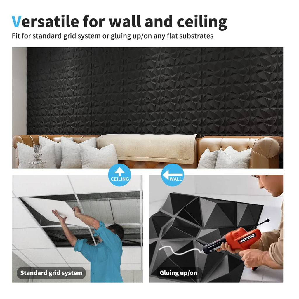 Decorative 3D Wall Panels in Diamond Design, 12"x12" Matt Black Decor (33 Pack)