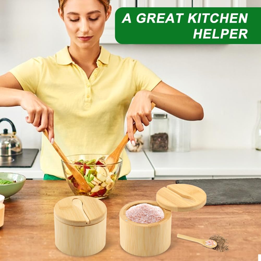 Bamboo Salt Cellar with Magnetic Swivel Lid & Spoon, Spice Box Bowl Storage Box Salt Container to Storage - Set of 2