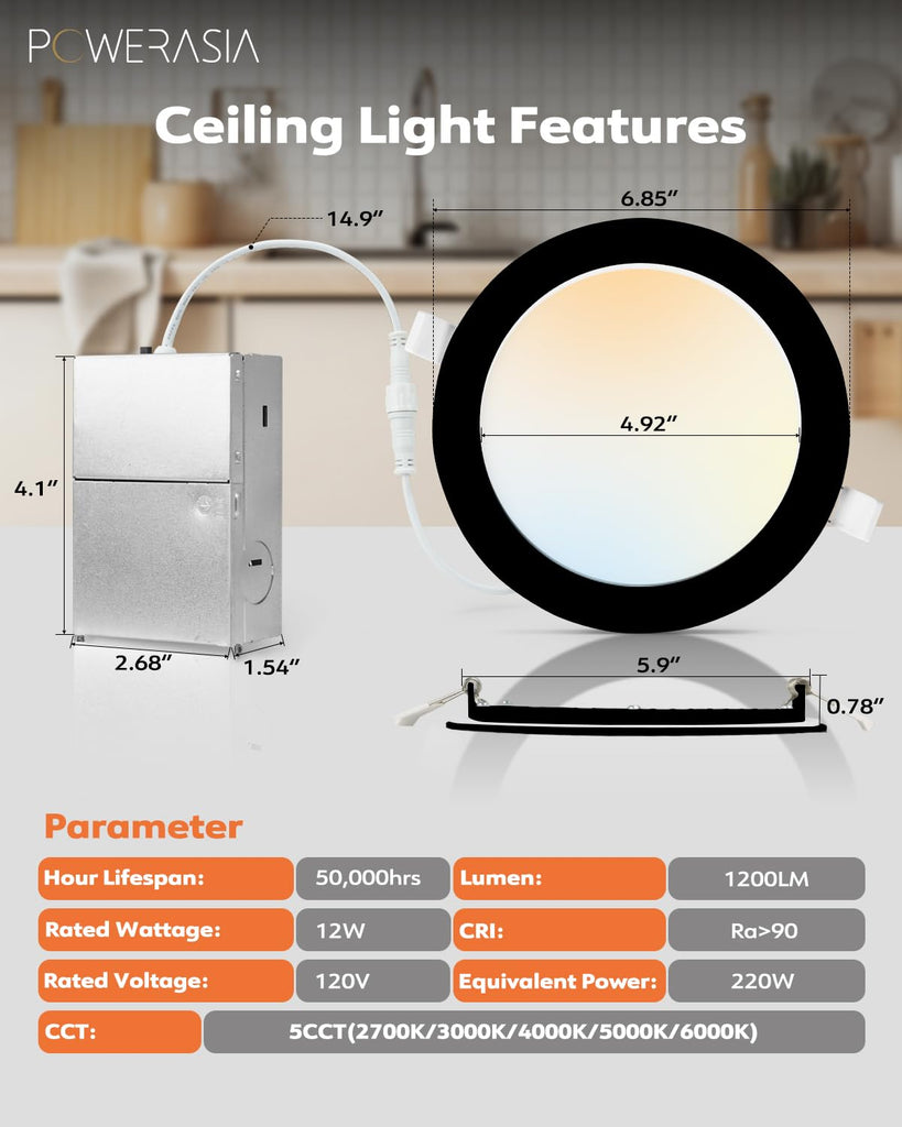 12 Pack 6 Inch LED Recessed Lighting, 5CCT Canless Wafer, Black