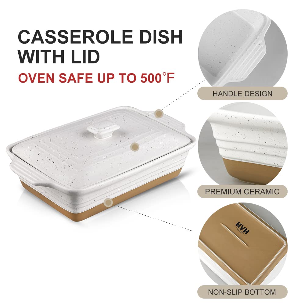 Ceramic Casserole Dish with Lid - Oven Safe, 9x13 Rectangular Baking Dish, 3.5 Quart, Farmhouse Style (White)