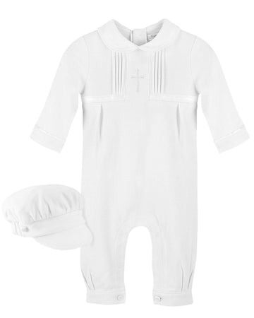 Boys White Christening Outfit with Cross and Hat