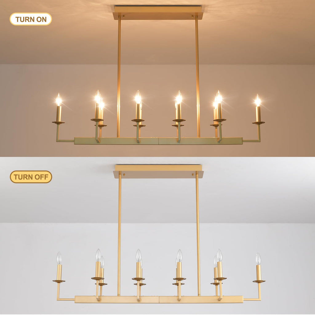 Rustic Gold Linear Chandelier,Extra Long Candle Chandelier,Gold Light Fixture Living Room Kitchen Island