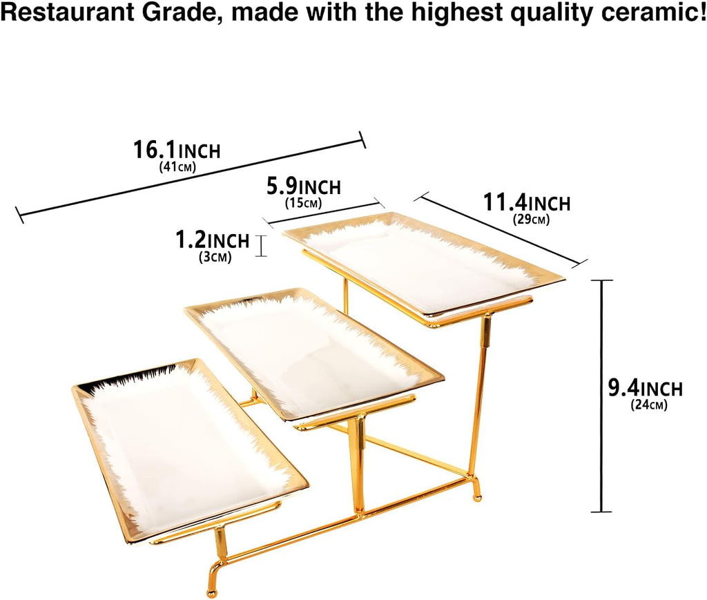 3-Tiered Serving Rack with Ceramic Tray, Foldable Gold Stand with 3-PCS 11.4 Inch Gold Rim Plates, for Food Display