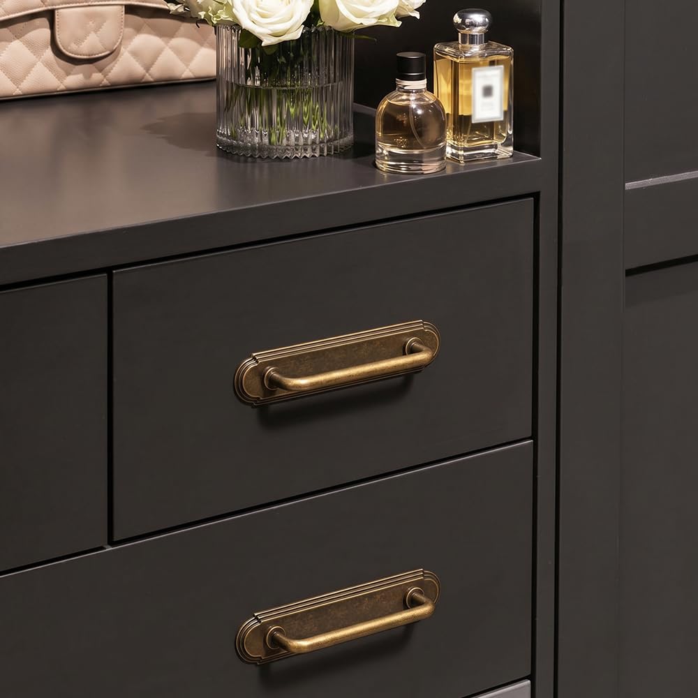 Antique Brass Cabinet Pulls with Backplate, 3 Inch Hole Centers, 2 Pack Vintage Transitional Drawer Handles, Zinc