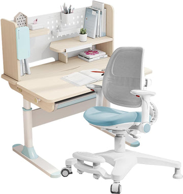 Study Desk and Chair for Kids, Wood Height Adjustable Ergonomic Children Desk with Pull Out Drawers, Tablet Holder