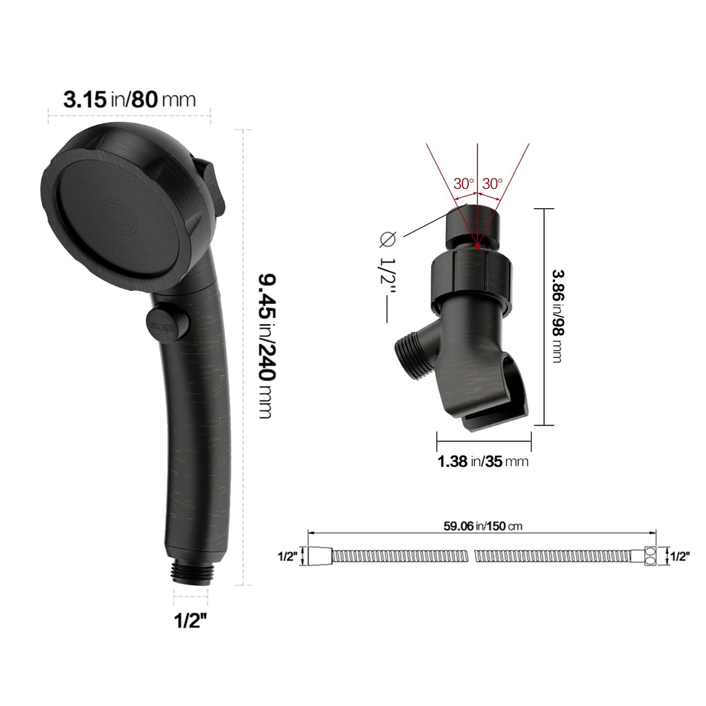 High Pressure Oil-Rubbed Bronze Handheld Shower Head with ON/OFF Switch, 3 Spray Modes, Adjustable Angle Bracket, and