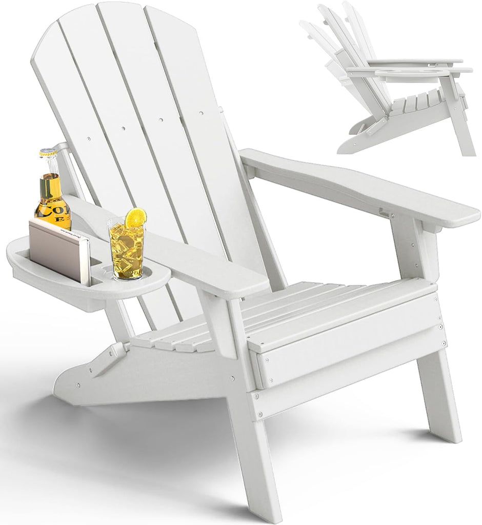 Adjustable Adirondack Chair with Cup Holder, HDPE, White | All-weather HDPE Outdoor Chair with Multifunctional Cup