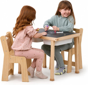 Cordia Kids Table and Chair Set - Montessori-Inspired Kids Workbench - with Two Chairs, Two Collapsible Bucket