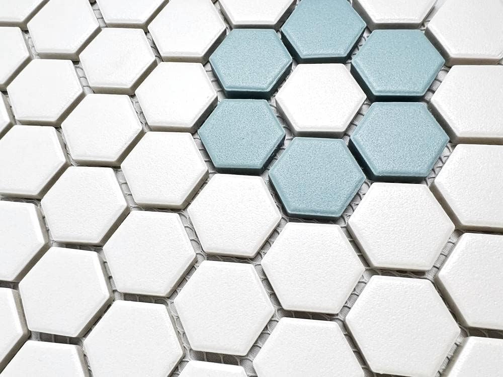 White Sky Blue Flower Hexagon Porcelain Mosaic Floor and Wall Tile Backsplash, Pool Tile, Bathroom Floor, Accent Wall