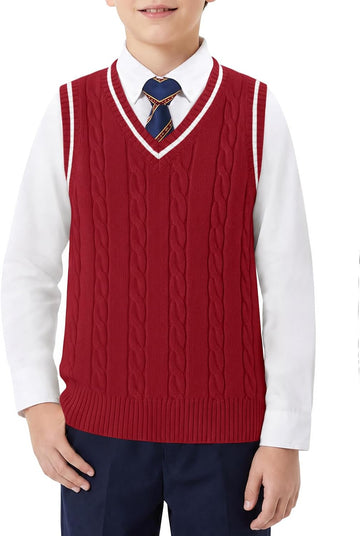 Boys Sweater Vest Cable Knit V Neck School Uniform Rib Tops