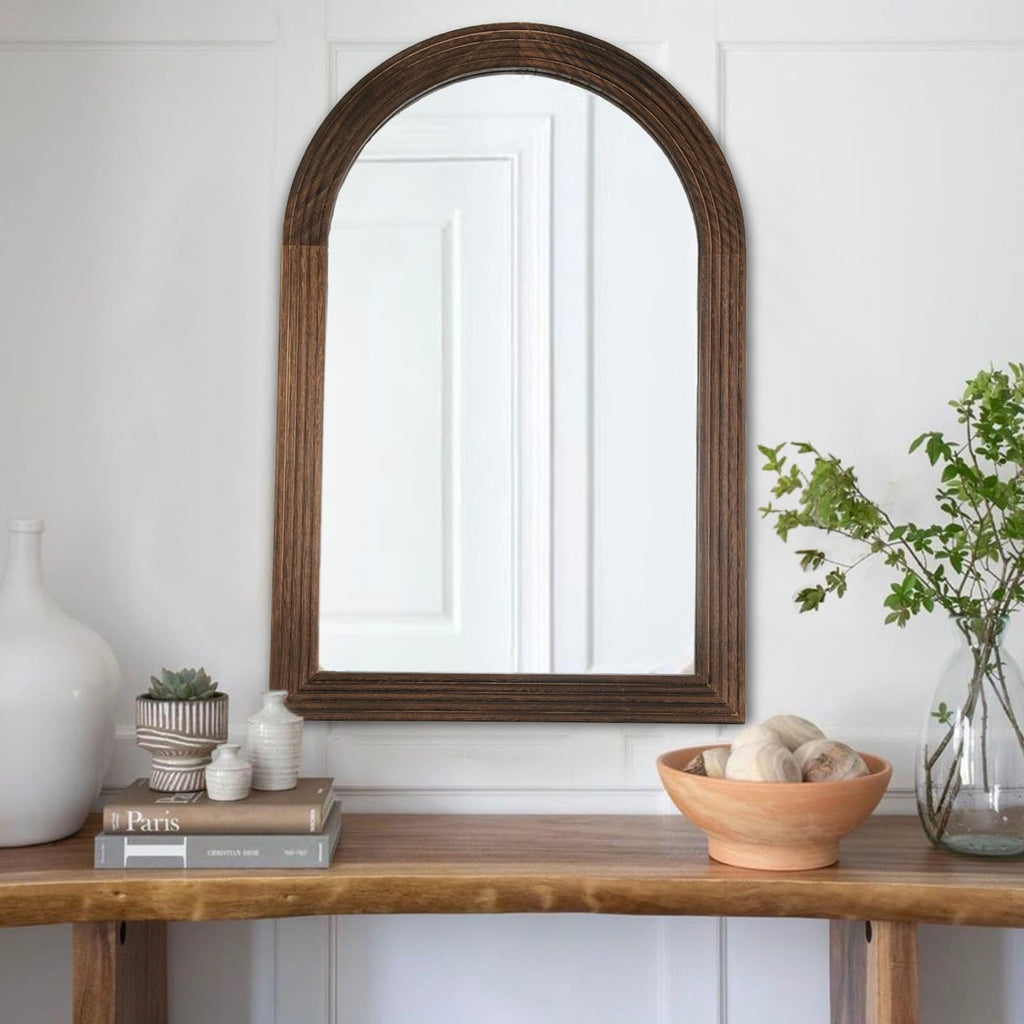 Arched Mirror, Farmhouse Decor Solid Wood Frame Wall Mirror, Bathroom Mirrors, Large Vintage Mirror, Foyer (Coffee