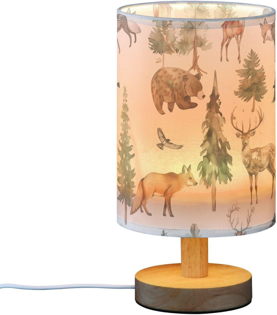 Table Lamp Watercolor Animal Forest Tree Deer Fox Bear Nightstand Lamp with Wood Base Fabric Lamp Shade Bedside Desk