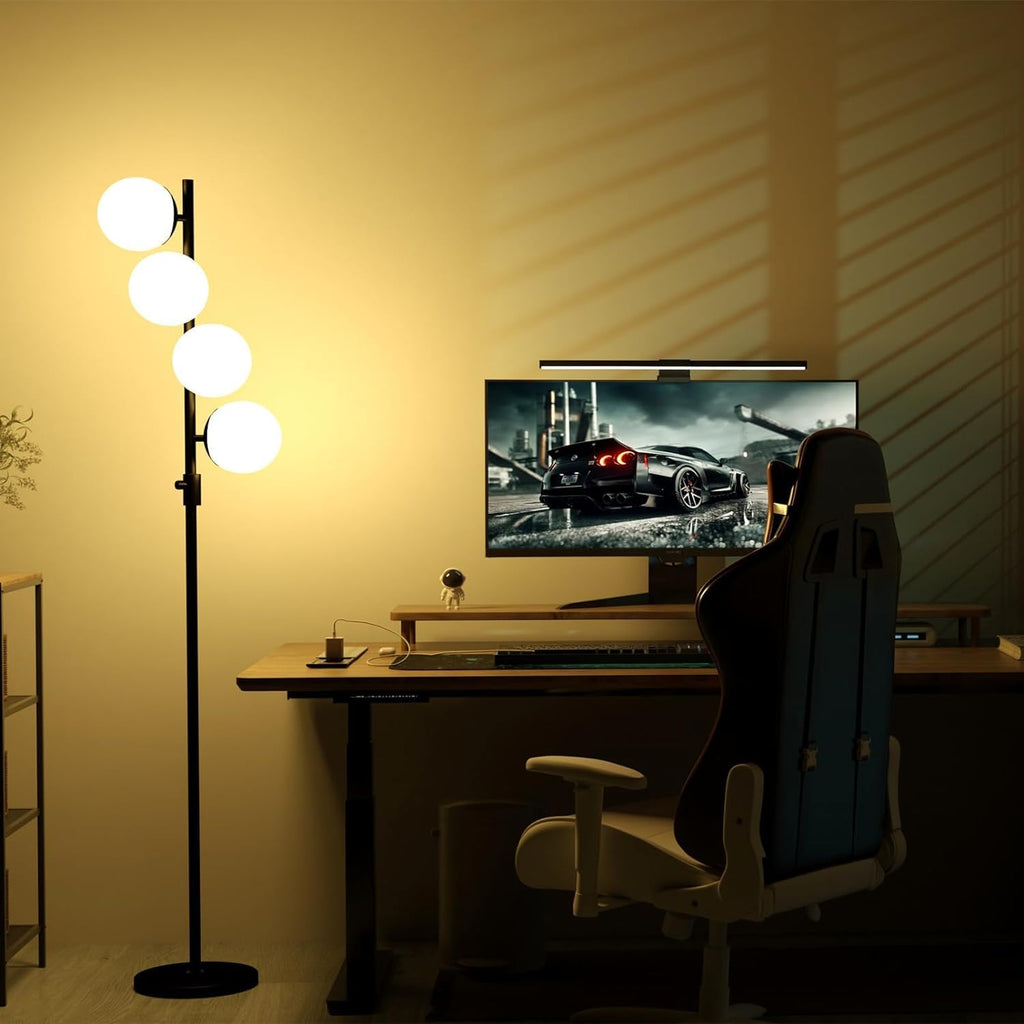 Black Globe Floor Lamp Dimmable 64IN Tall Standing Lamps with Soft Warm White Eye Care 3000K G9 Bulbs, Mid Century