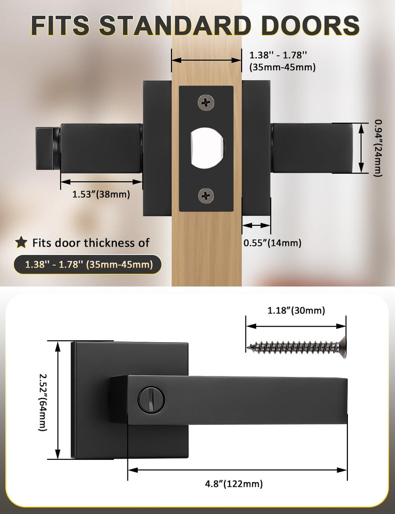 3 Pack Square Privacy Door Levers Locksets in Matte Black Finish, Bed/Bath Door Levers Keyless Interior