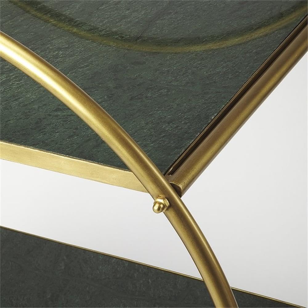 Marble Top Serving Cart, Green and Gold Finish, Iron Frame with 2 Marble Shelves, 33" H x 24" W x 19" D, Antique