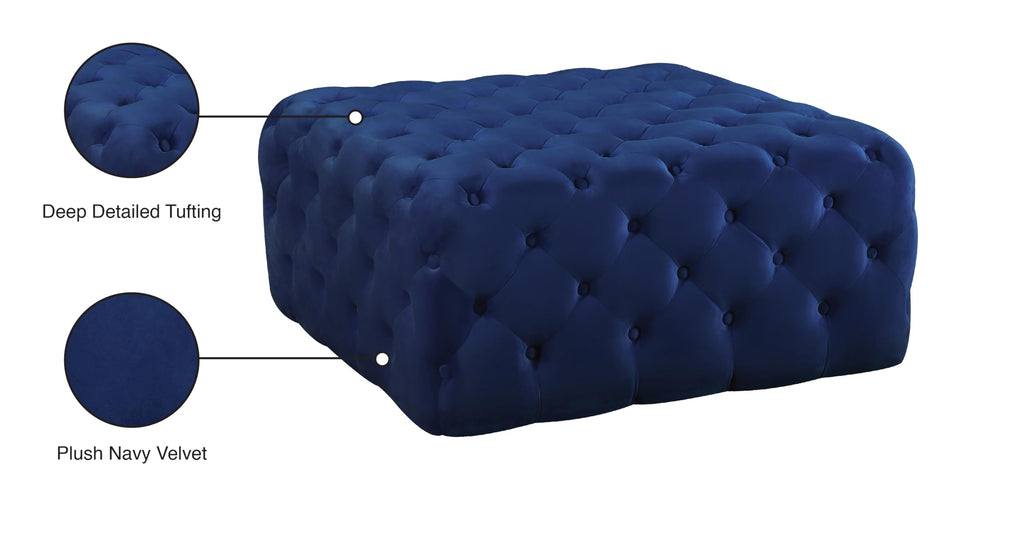 Ariel Collection Modern | Contemporary Navy Velvet Upholstered Ottoman/Bench with Deep Button Tufting, Solid Wood