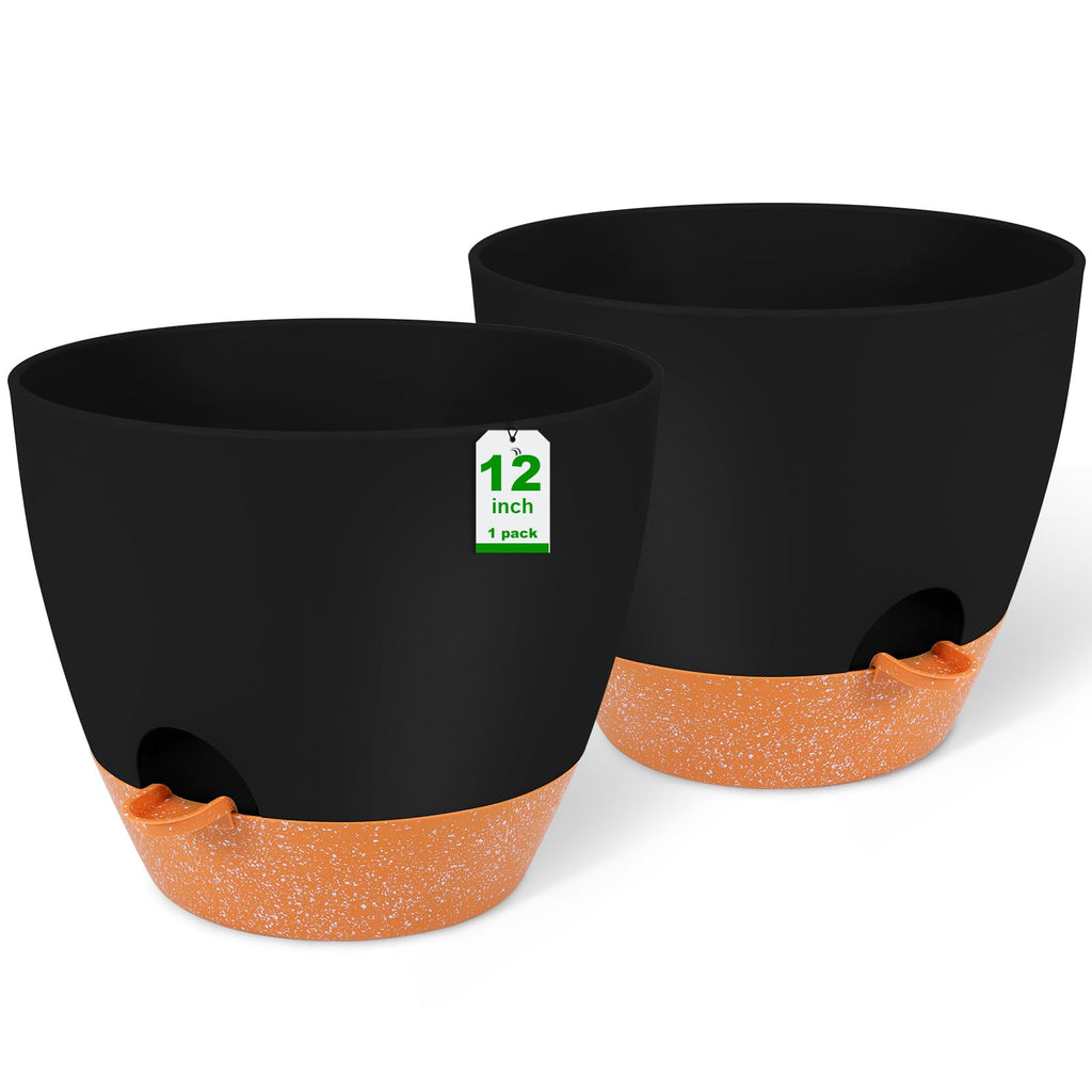 12 Inch Self Watering Planters, 2 Pack, Black