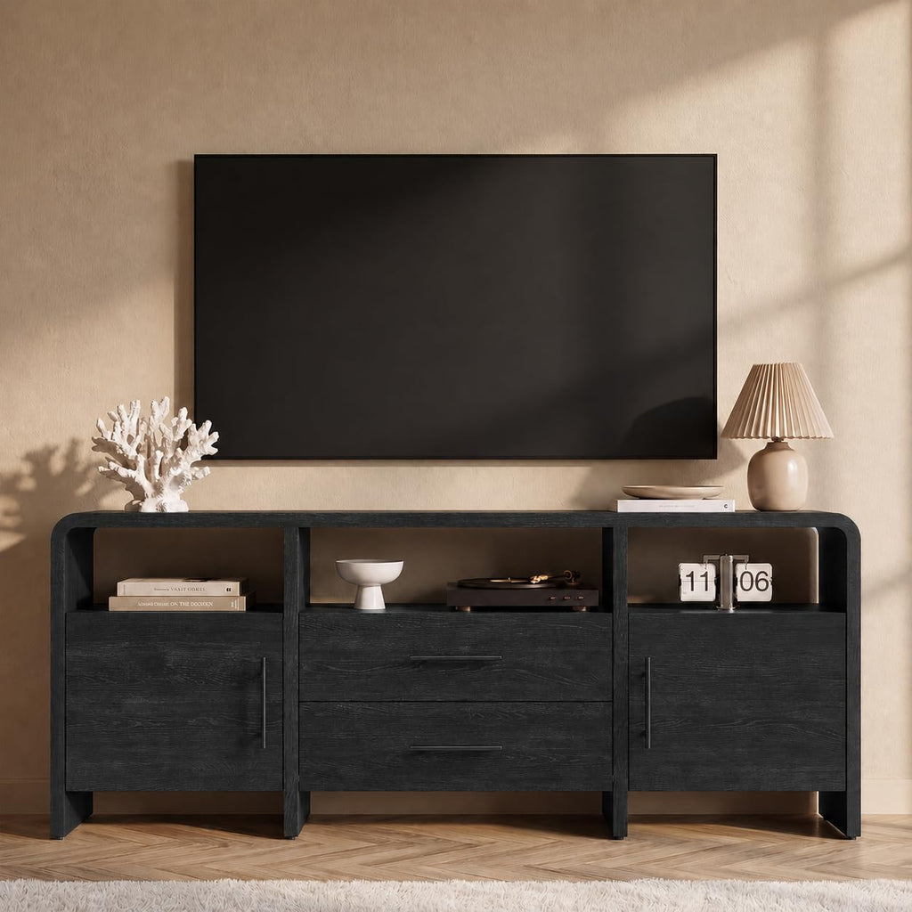 70" Curved TV Stand with Storage for TVs Up to 80", Modern Entertainment Center with 3 Open Shelves & 2 Drawers