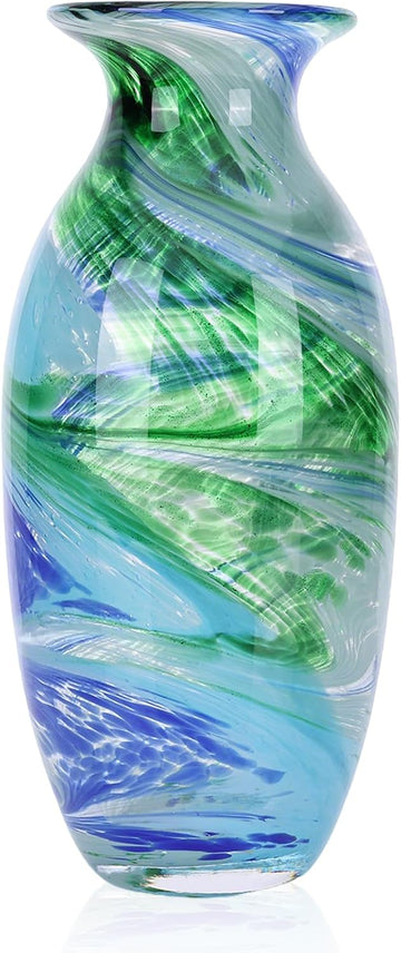 Hand Blown Glass vase, Blue Green Wide Mouth vase, Contemporary Glass Art Suitable for Display on Living Room Dining