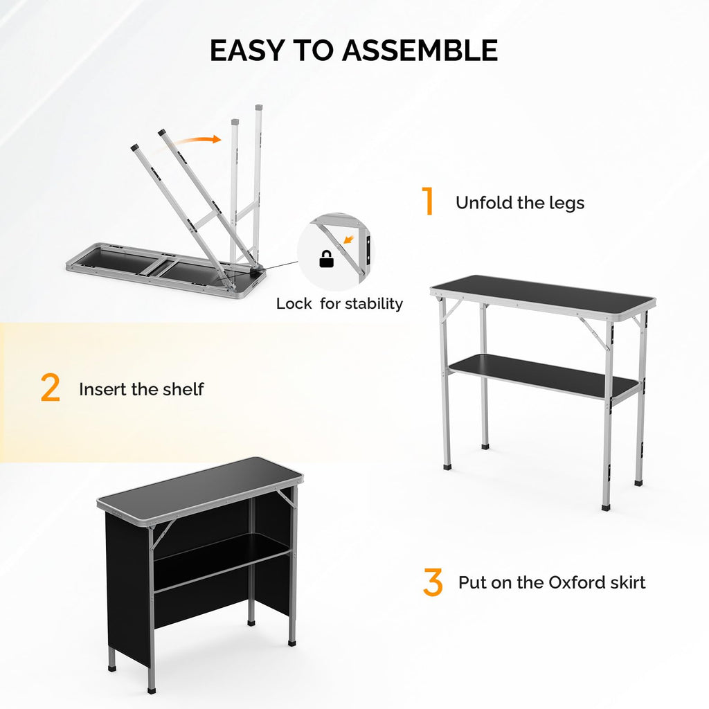Portable Bar Table, 2-Tier Shelves, Mobile Bar Table for Events, Party, Camping, Picnic, Tradeshow, Indoor with Black