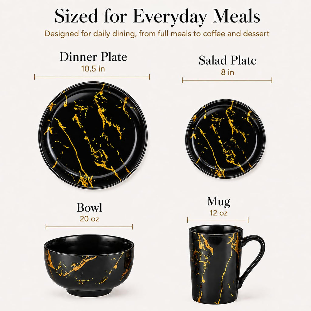 Black and Gold Marble Dinnerware Set for 4, 16-Piece Porcelain