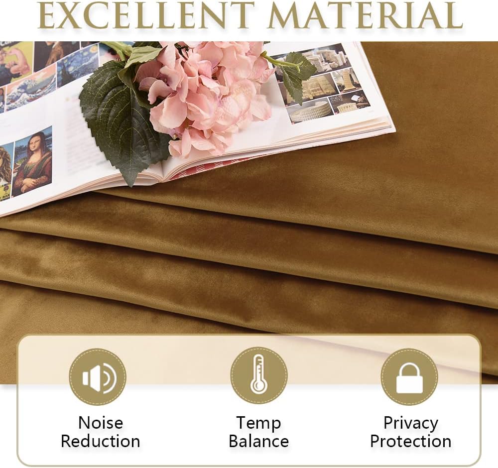 Gold Brown Blackout Velvet Curtains 84 inches Long, Super Soft Thermal Insulated Privacy Protect Sliding Door Panels