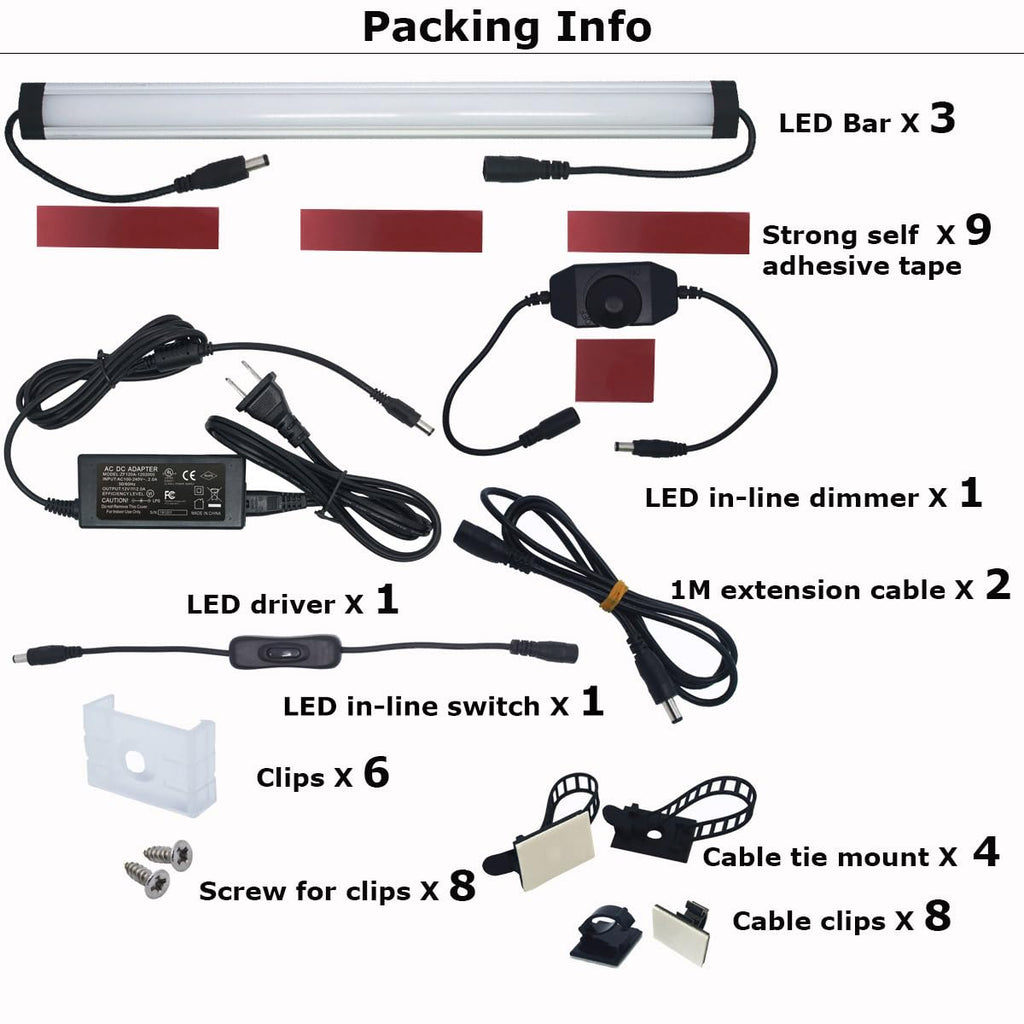 Under Cabinet Light Kit Plug in, 3 LED Light Bars 20W Dimmable
