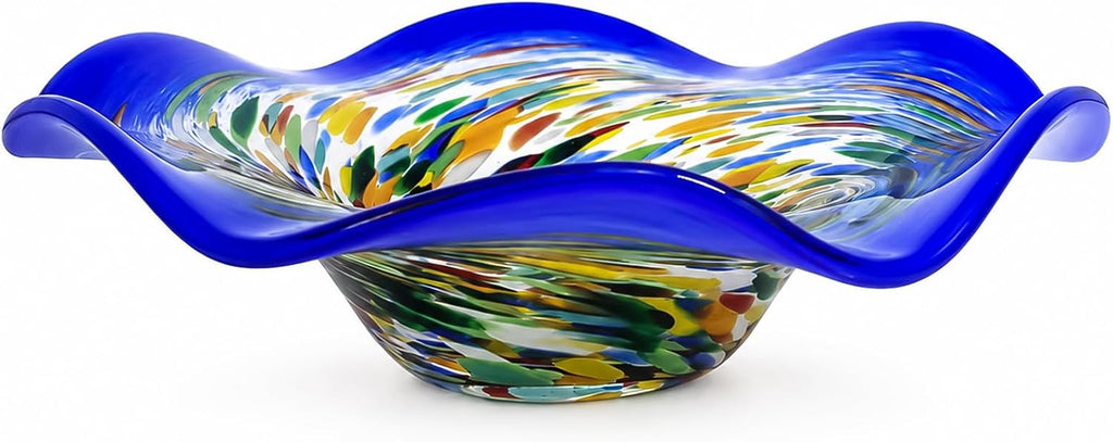 Hand Blown Murano-style Art Glass Bowl, 10.2-Inch Large Decorative Centerpiece for Table, Cobalt Blue Fruit Display &