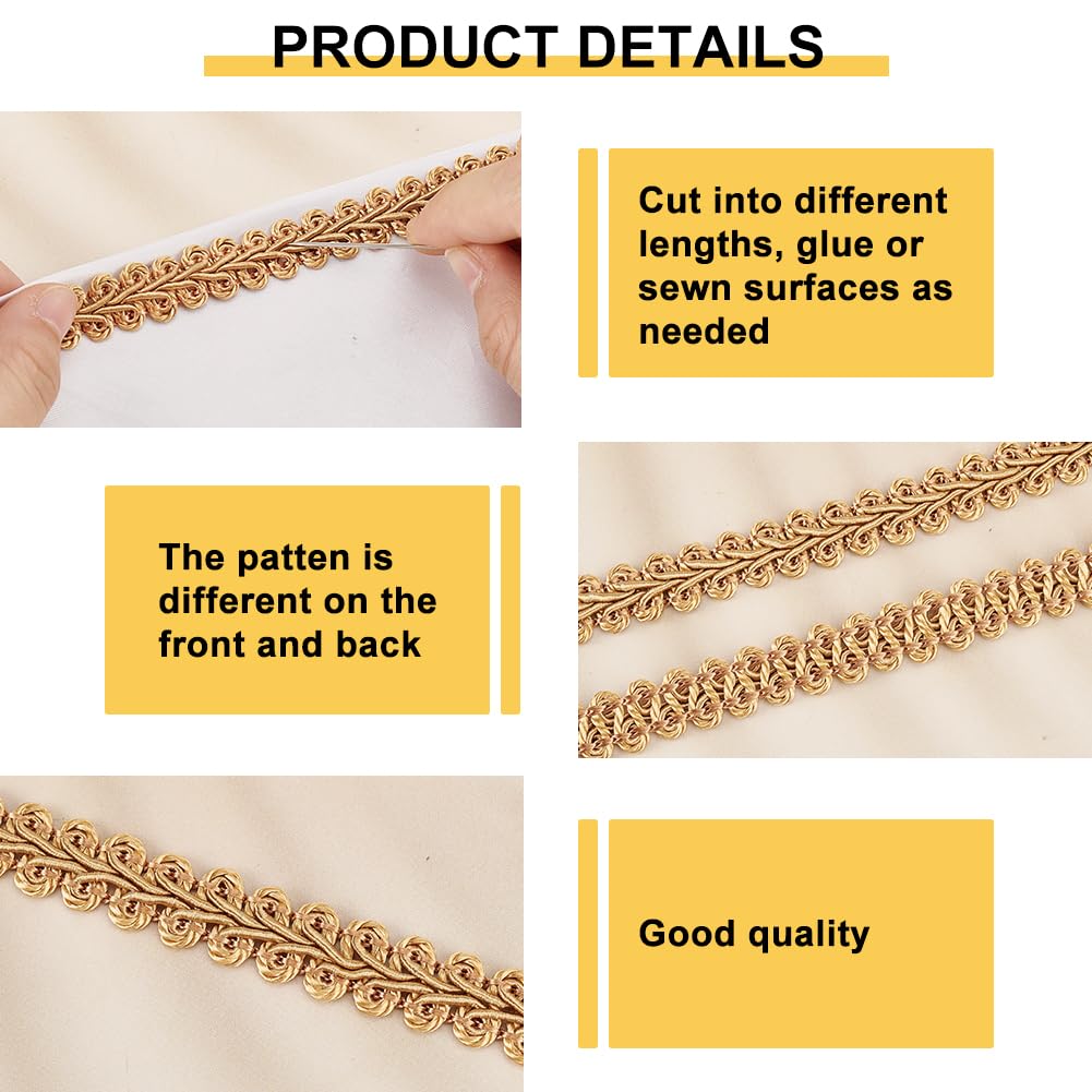Golden Gimp Braid Trim 1/2 inch Gold Polyester Woven Fabric Lace Upholstery Trim for Sewing Costume DIY - 15 Yards